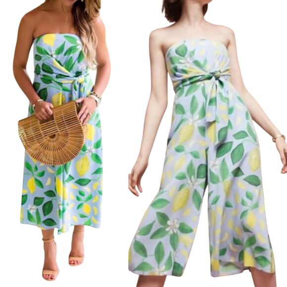 Anthropologie Maeve Lemon Grove Strapless Jumpsuit Cropped Wide Leg Blue Green 2 - Picture 2 of 8